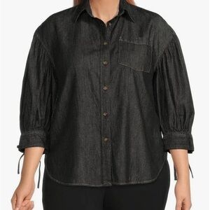 Lauren Ralph Lauren Black Button-Down Shirt 
Denim Blouson-Sleeve Blouse Size 2X